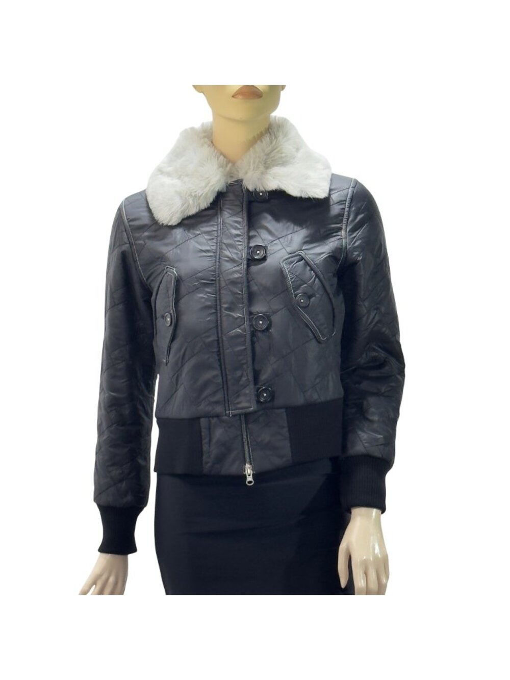 Moiselle Quilted Faux Fur Collar Jacket Women's Black Size 2 UK 10 Italy 38